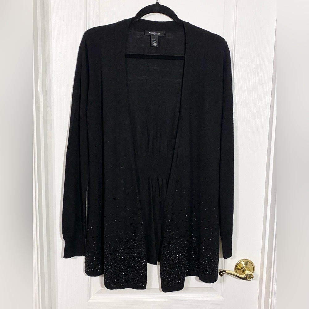 WHBM Rhinestone Hem Open Front Cardigan Black Large White House Black Market